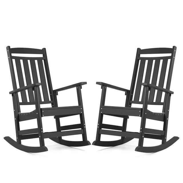 FOOWIN Patio Rocking Chairs,HDPE High Back Porch Rocker,All Weather Resistant Poly Lumber Outdoor Porch Rocker, Rocking Chairs for Outdoor, Indoor, Patio, Deck, Garden (Set of 2, Black)
