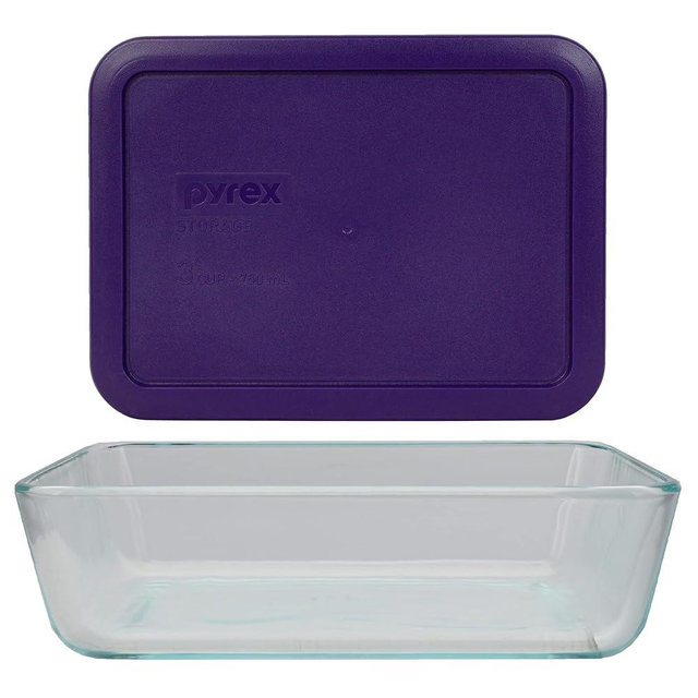Pyrex 7210 3-Cup Glass Dish & 7210-PC Plum Purple Food Storage Replacement Lid - Made in USA