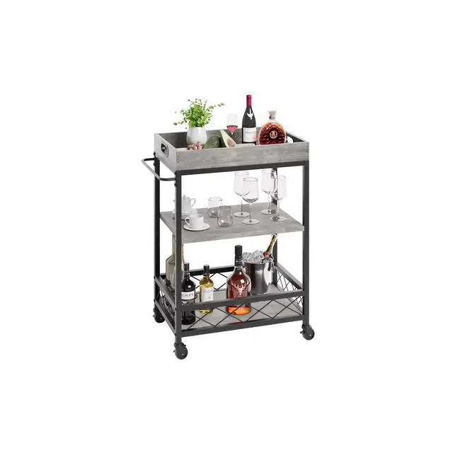 Garvee Bar Carts for The Home, Bar Cart, Serving Cart with Wheels, 3 Tier Bar Cart with Wine Rack, Wheel Locks, Gray