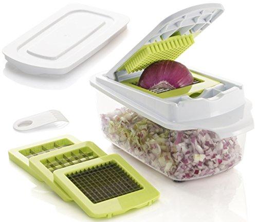 Brieftons QuickPush Food Chopper: Strongest & 200% More Container Capacity, 30% Heavier Duty, Onion Chopper, Kitchen Vegetable Dicer, Fruit and Cheese Cutter, with 3 Dicing Blades & Keep-Fresh Lid