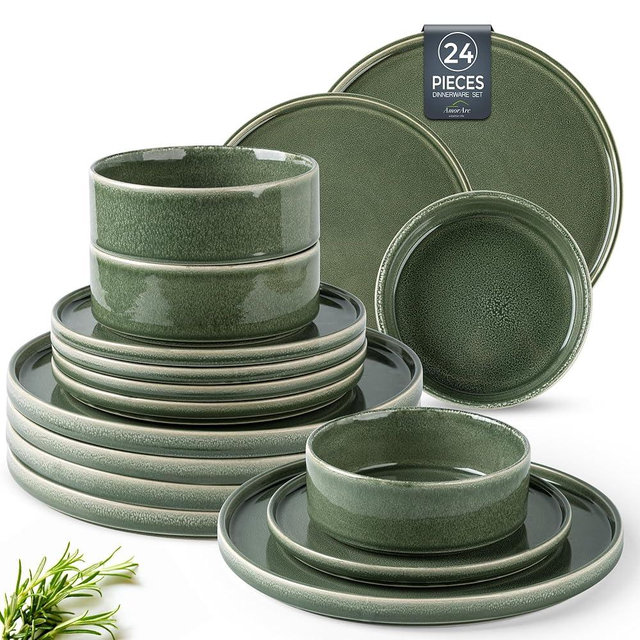 AmorArc Ceramic Dinnerware Sets, Handmade Reactive Glaze Stoneware Plates and Bowls Sets,Highly Chip and Crack Resistant | Dishwasher & Microwave Safe Dishes Set, Service for 8 (24pc)