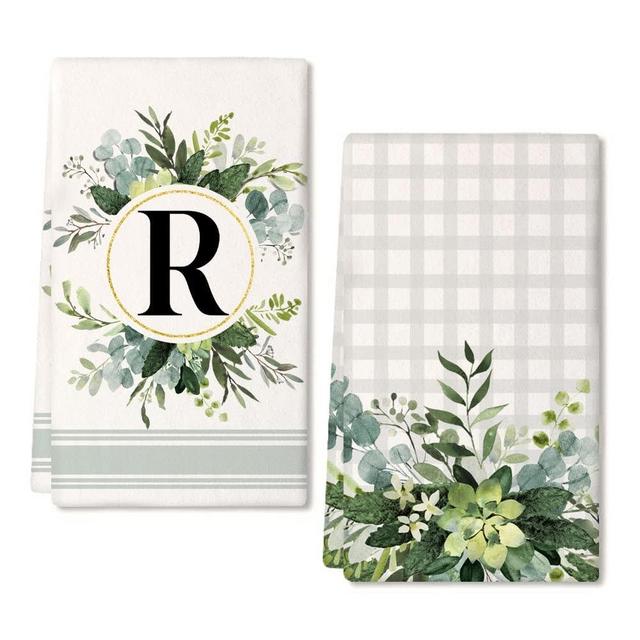 GEEORY Monogram Letter R Kitchen Towels for Home Decor Eucalyptus Leaves Family Last Name Initial Dish Towels 18x26 Inch Ultra Absorbent Bar Drying Cloth Hand Towel Bathroom Decorations Set of 2