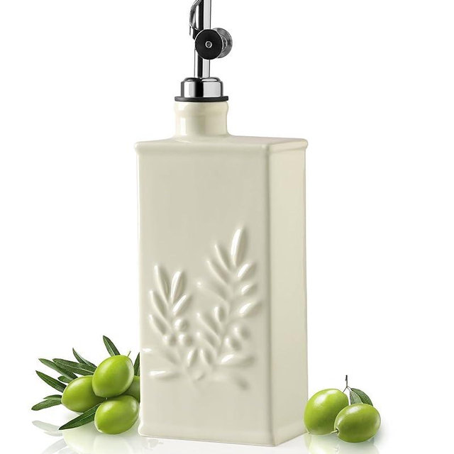 Sweejar Ceramic Olive Oil Dispenser Bottle for Kitchen, 17 Oz Relief Opaque Oil and Vinegar Dispenser Bottle with Spout, Suitable for Soy Sauce, Coffee Syrup, Liquids (Beige)