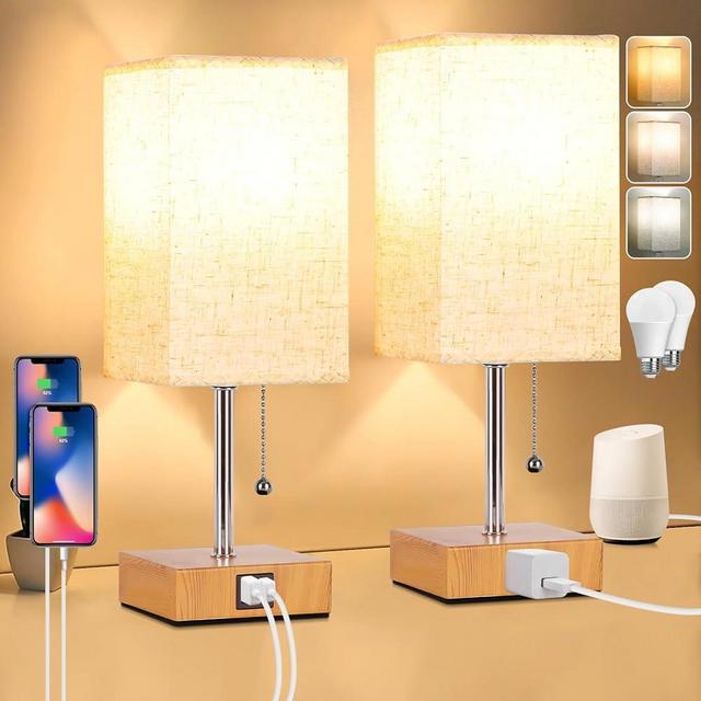 Table Lamp for Bedrooms Set of 2,3 Color Bedside Table Lamps for Bed Room with USB Type C Charging Port Ac Outlet,Pull Chain Nightstand Table Lamp for Living Room,Office Desk(LED Bulb Included)