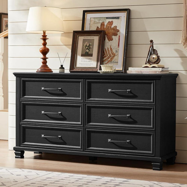 SAVOR LIFE Farmhouse 6 Drawer Dresser for Bedroom, 54 inch Wide Rustic Vintage Chest of Drawers with Square Solid Wood Legs, Large TV Stand for Living Room, Wooden Storage Dressers for Hallway, Black