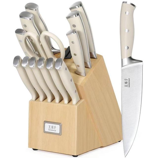 WANGMAZI Premium Chef Knife Set,High Carbon Stainless Steel Forged,Sharp Knife Set Triple-rivet Ergonomic Handle,Knives Set for Kitchen,Over 300 Years of Masterful Craftmanship(Ivory,15PCS)