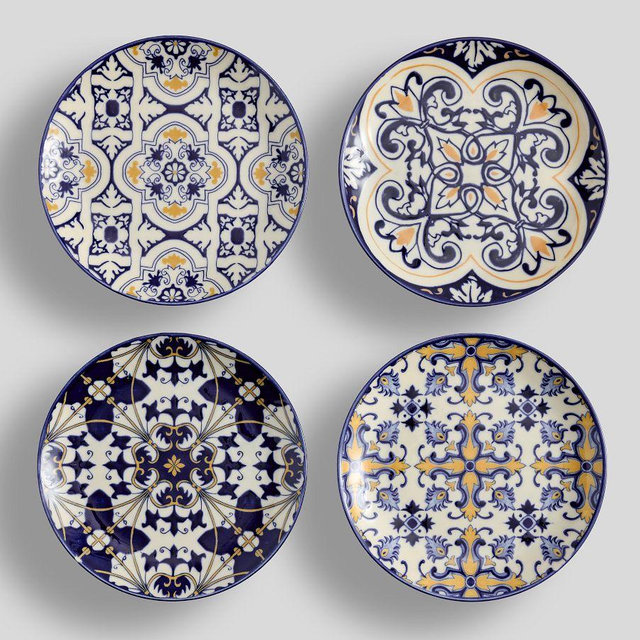 Lisbon Stoneware Appetizer Plates, Mixed Set of 4 - Blue/White