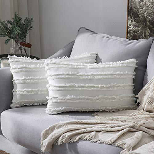 MIULEE Set of 2 Decorative Boho Throw Pillow Covers Cotton Linen Striped Jacquard Pattern Cushion Covers for Sofa Couch Living Room Bedroom 12x20 Inch Off White