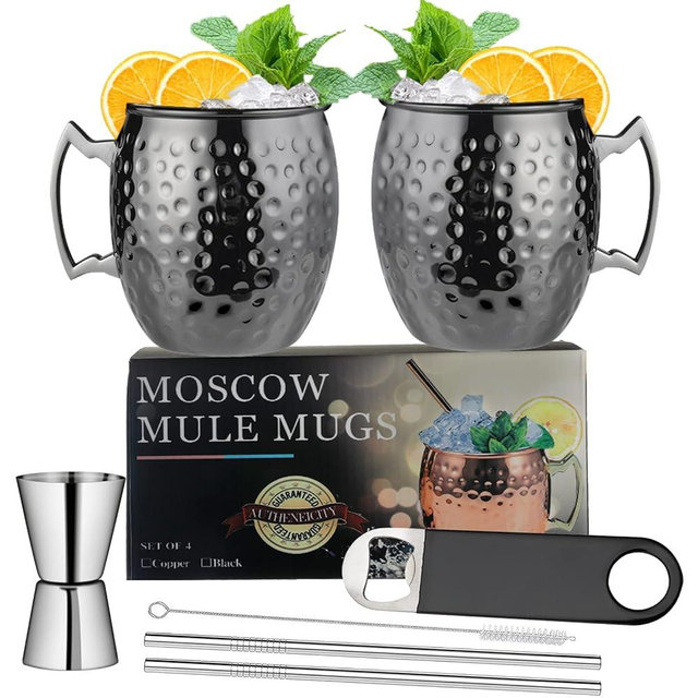 Moscow Mule Mugs Set of 2 Large Lined Mascow Mule Cups Set 18oz Black Plated Stainless Steel Mugs Bulk Food Safe Hammered Mug for Chilled Cold Drinks Home Bar Drinkware Bareware (2 Packs Black)