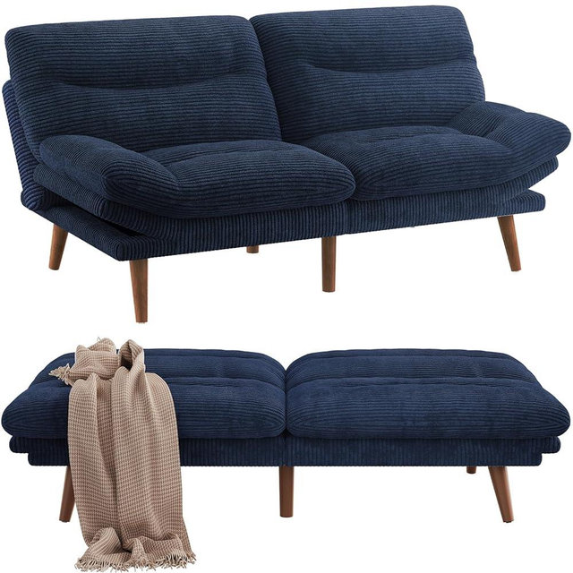 Pipishell Futon Sofa Bed, 66 Inch Corduroy Futon Couch Convertible with Adjustable Backrest and Armrests, Recliner Sleeper Sofa for Small Spaces, Living Room, Office, Guest Room (Blue, 66 Inch)