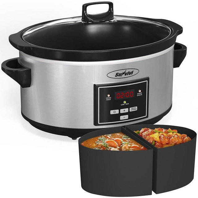 Sunvivi Programmable Slow Cooker 6 Quart with 2 in 1 Silicone Liners, Multi-Cooker Food Warmer with Digital Timer, 3 Cooking Settings, Dishwasher-Safe Removable Ceramic Pot & Lid, Silver