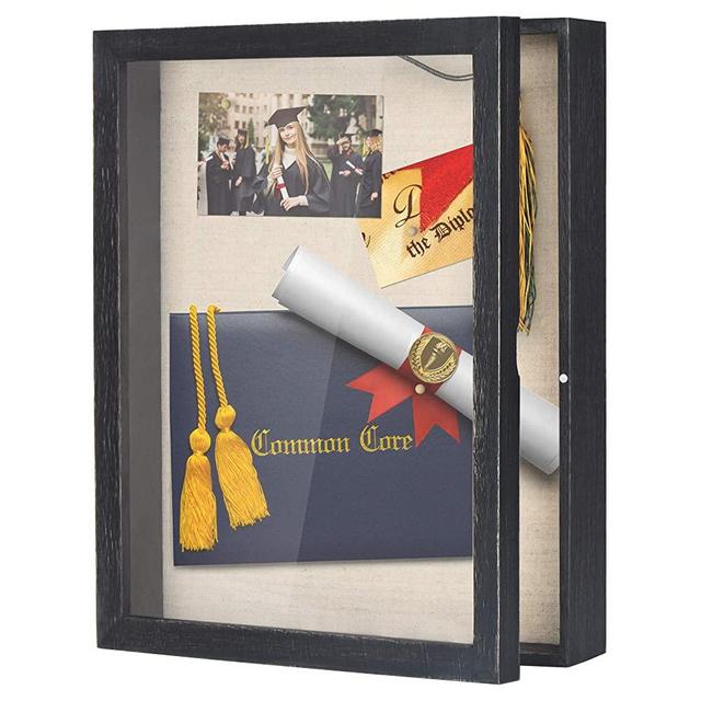 Love-KANKEI Shadow Box Frame 11x14 Shadow Box Display Case with Linen Back Rustic Wood Memory Box for Awards Medals Photos Pictures Rustic Black