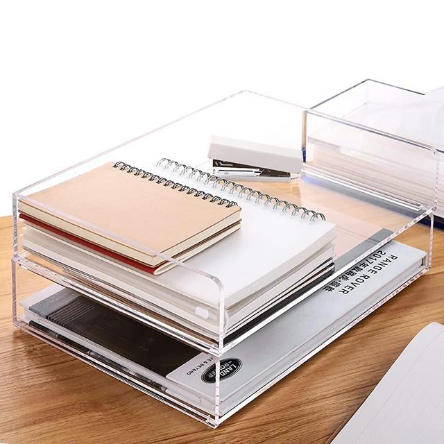 Paper Organizer Tray, Clear Acrylic Desk Organizers and Accessories, Stackable Classroom File Storage, Letter Size Workspace Office Organization, Split Type Can be Pulled Out-2 Pack 2 Tier