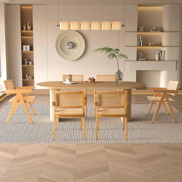 Comfy to go Cane Dining Room Chairs Set of 6, Modern Wood Kitchen Chairs with Arms, Light Malnut