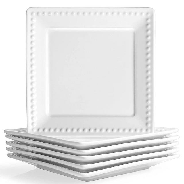 Wareland Bright White Embossed Dots Square Dessert Plates Set of 6, Ultra-fine Porcelain 6 inch Appetizer Plates, Farmhouse Salad Plates Set for Sides, Dessert, Snack, Small Heavy Duty Dinner Plates