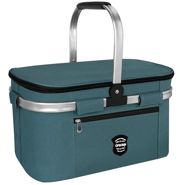 Insulated Cooler Bag Picnic Basket, Upboxn 26L Leakproof Collapsible Portable Cooler, Grocery Bag Picnic kit with Aluminium Handle for Travel, Shopping, Camping, Music Festival Oktoberfest, Navy Blue