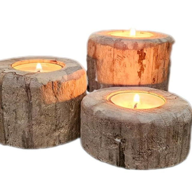 Rustic Driftwood Tea Light Candle Holders, Set of 3, Natural Wood