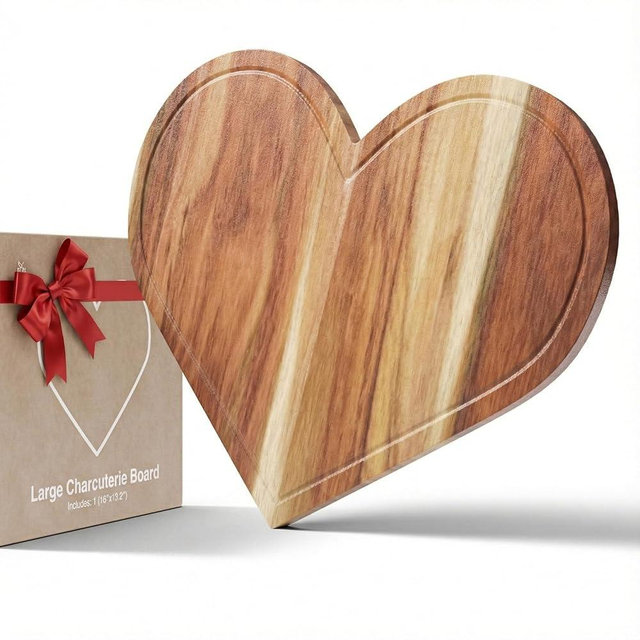 Heart Charcuterie Board 16 x 13.2 Inches – Acacia Wood Cutting Board, Heart Shaped Serving Tray, Plate & Platter, Wooden Valentine’s Day Gift, Love Decor Decorations Dish