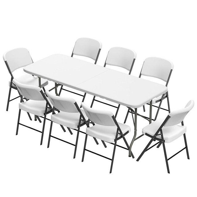 Elevon Folding Table Set with 8 White Folding Chairs,6 Feet Heavy Duty Fold-in-Half Utility Table Sets for Picnic, Event, Training, Outdoor Activities, at Home and Commercial Use
