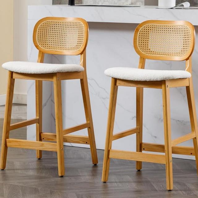 EALSON Counter Height Bar Stools Set of 2 Rattan Back Farmhouse Barstools Mid Century Modern Wood Bar Chairs Comfortable Sherpa Upholstered Kitchen Island Chairs for Pub/Breakfast Bar, Beige
