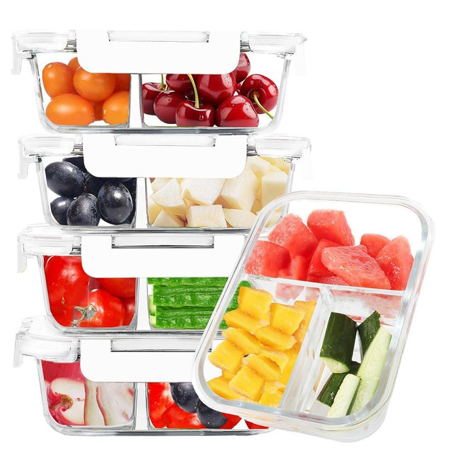 BAYZZ 5 Pack 35 Oz Glass Meal Prep Containers 3 Compartments, Glass Food Storage Containers, Lunch Bento Box with Airtight Lids, Microwave, Freezer & Dishwasher Safe, White