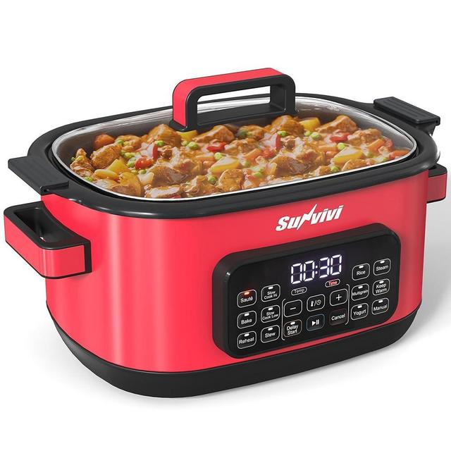 SUNVIVIPRO 12-in-1 Multicooker, 6.5QT Slow Cooker Roaster Oven, Digital Programmable Multi Functional Pot with Timer Temp Control Delay Start Glass Lid Removable Nonstick Pot, Roast/Steam Rack, Red