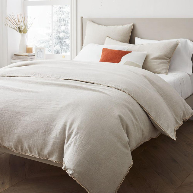 European Flax Linen Pom Pom Duvet, King/Cal. King, Natural Flax