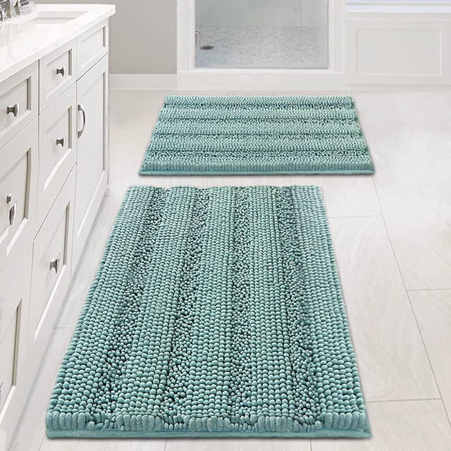 Extra Thick Chenille Striped Pattern Bath Rugs for Bathroom Non Slip - Soft Plush Shaggy Bath Mats for Bathroom Floor, Indoor Mats Rugs for Entryway (Aqua Haze, 32 x 20 Plus 24 x 17 - Inches)