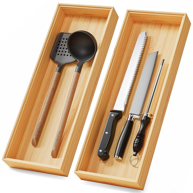 Long Bamboo Kitchen Drawer Organizer Boxes – 17" x 6" Stackable Wood Silverware Utensil Tray for Drawers Bins Cutlery & Flatware Storage – Wooden Pantry Organizers Set of 2 for Junk Drawer Bathroom Rv