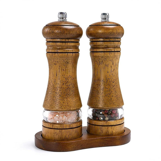 M JINGMEI Wooden Salt and Pepper Grinder Set, Premium Oak Wood Salt Grinders Shakers, Pepper Mill with Acrylic Clear Window, Adjustable Ceramic Grinder (6″ - 2 Packs with Tray)