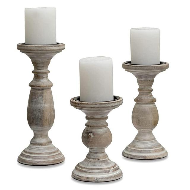 Pillar Candle Holders Set of 3, Wood Candle Holders Centerpiece, Distressed Tall Candle Holders, Farmhouse Candle Holders for Fireplace, Tall Candle Holders for Pillar Candles and LED Candles (White)