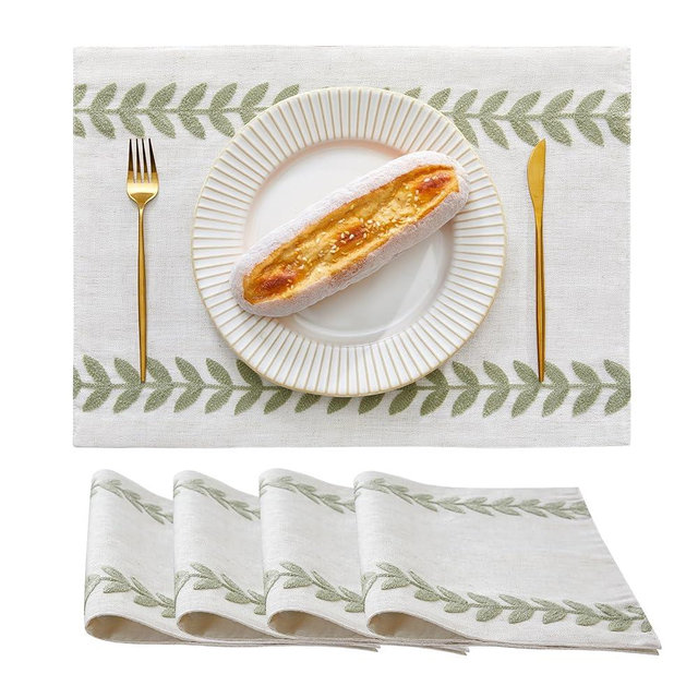 Wracra Embroidered Placemats, 13 x 18 Inch Set of 4 Placemats, Irregular Willow Rustic Place Mats for Kitchen Table and Heat Resistant, Light Sage Green 4PCS