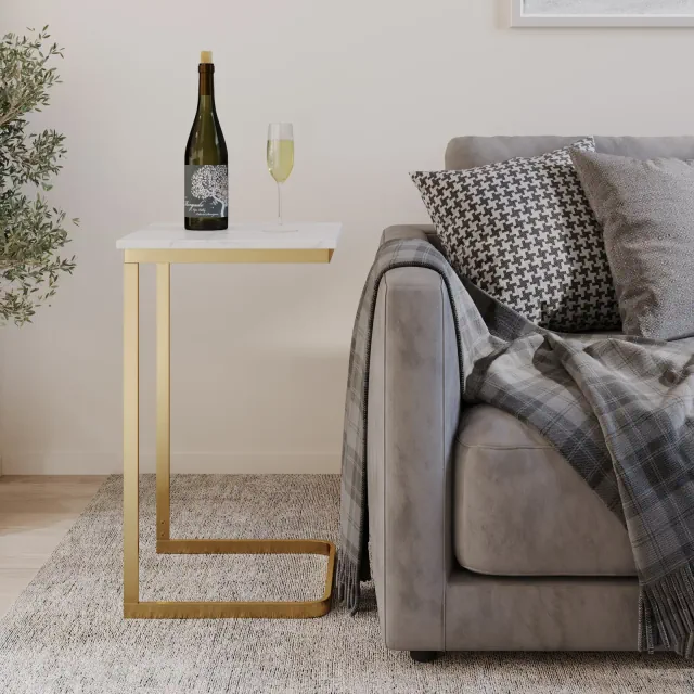 C-Shaped End Table - Real Marble Side Table with Gold Iron Frame for Couch, Loveseat, or Bed - Modern Living Room Furniture by Lavish Home