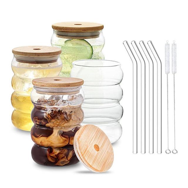 INSETLAN Creative Glass Cups With Lids And Straws-16oz Wave Shape Drinking Glasses of 4 Set, Beer Glasses, Can Shaped Glass Cups, Cute Tumbler Cup, for Cocktail, Juice, Iced Coffee (Pack of 4)