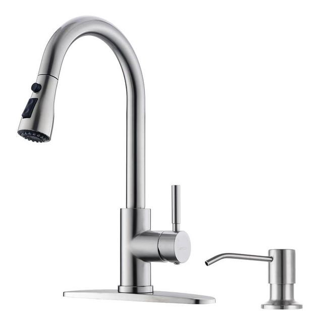 WEWE Kitchen Sink Faucet with Soap Dispenser, Kitchen Faucet with Pull Down Sprayer 3 Modes Stainless Steel Single Handle Single Hole Pull Out Brushed Nickel Faucet for Bar Laundry RV Utility Sink