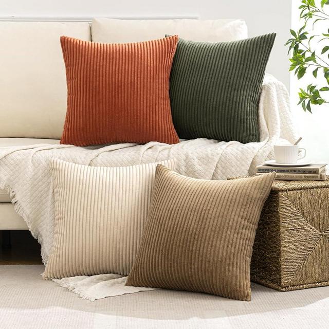 MIULEE Pack of 4 Rust-Olive Green Corduroy Decorative Throw Pillow Covers 18x18 Inch Soft Boho Striped Pillow Covers Modern Farmhouse Home Decor for Sofa Living Room Couch Bed