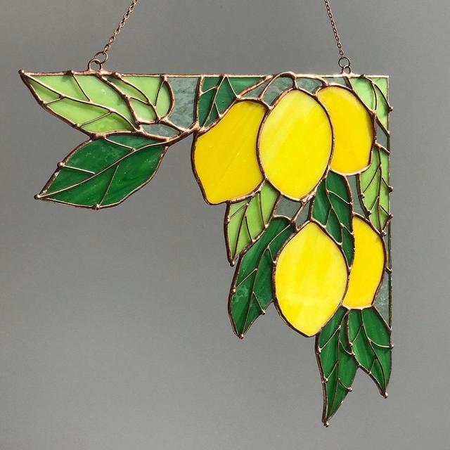 Yellow Corner Branch of lemons Suncatcher Ornament Stain Glass Tiffany Home House Decor Window Wall Decoration Boho Nature Art Picture