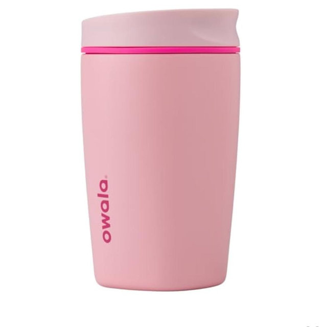 Owala SmoothSip Slider Insulated Stainless Steel Coffee Tumbler, Reusable Iced Coffee Cup, Hot Coffee Travel Mug, BPA Free 12 oz, Pink (Pucker Up)