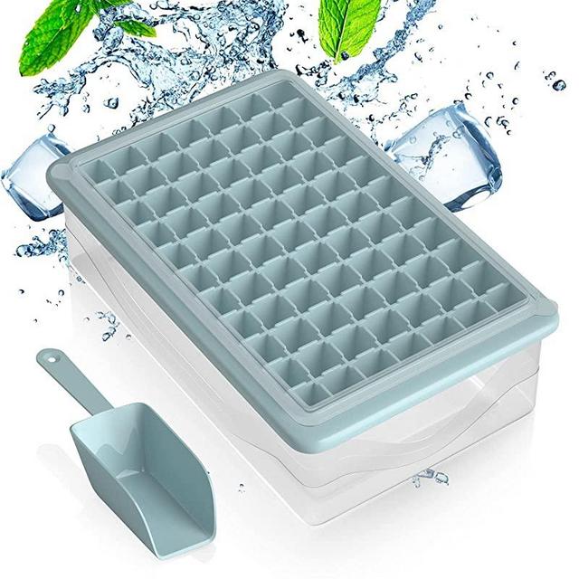 AYOTEE Small Ice Cube Tray with Lid and Bin, Easy-Release 77 Nugget Mini Ice Trays for Freezer, Comes with Ice Cube Bin, Scoop and Cover, BPA Free Stackable Ice Cube Trays for Freezer with Lid (Blue)
