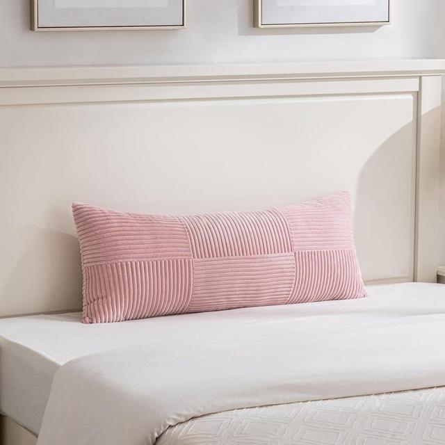 Fancy Homi Set of 1 Blush Pink Boho Long Lumbar Body Decorative Throw Pillow Cover 14x36 Inch for Bed Couch Bedroom Bench, Soft Patchwork Corduroy Textured Pillow Case, Rustic Farmhouse Room Decor