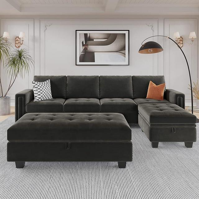 Belffin Velvet Convertible 4-Seat Sectional Sofa with Reversible Chaise L Shaped Sofa Couch Furniture Sets Sectional Couch with Storage Ottoman Grey