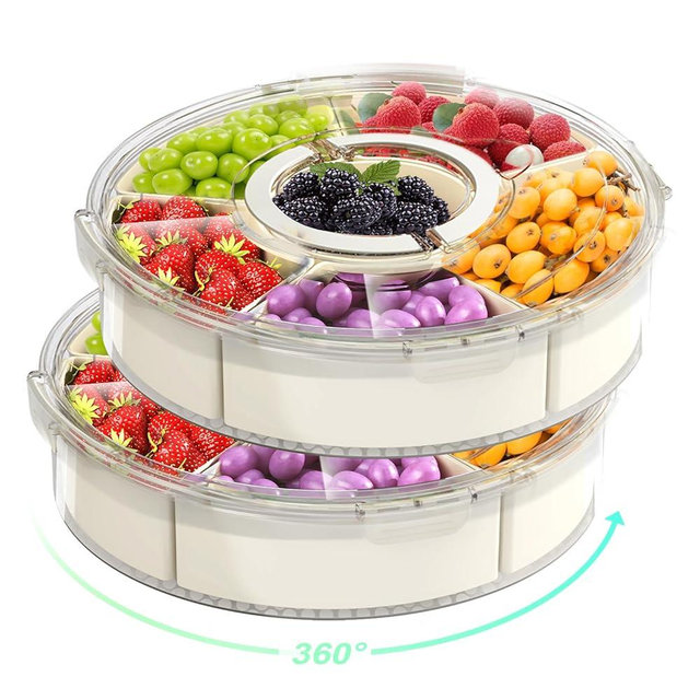 Divided Rotating Serving Tray with Lid and Handle, Portable Snackle Box for Fruits Snacks Veggie Charcuterie, Clear Snack Spinner Organizer and Fridge Storage Container for Adults Child (2PCS,9.5" L