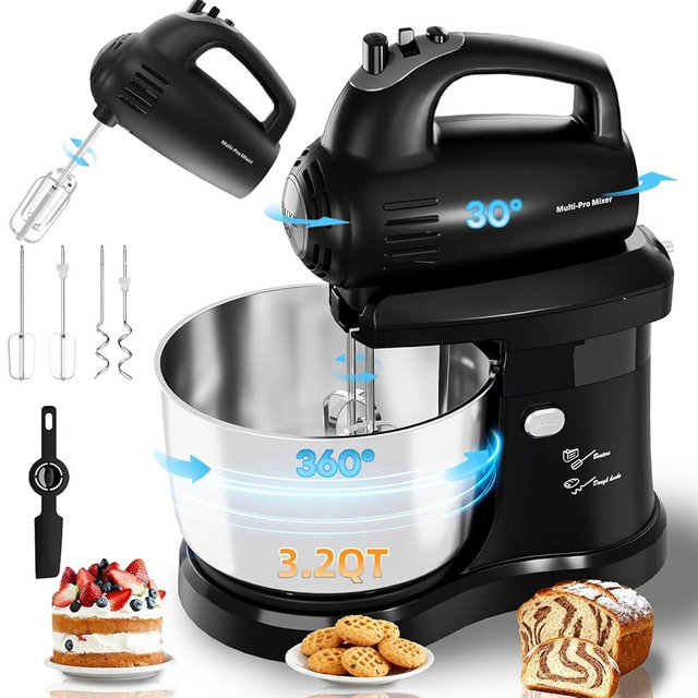 Stand Mixer Hand Mixer Electric Kitchen - 3.2 QT Auto-Rotating Bowl & Beater Small Standing Mixer, 5-Speed Tilt-Head Household Mixer with Beaters& Dough Hooks for Baking, Black
