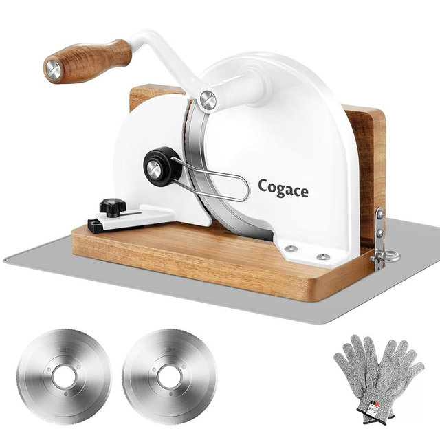 Foldable Manual Bread Slicer with Dual German RSG Blades, Homemade & Sourdough Bread, Adjustable Thickness & Scale, Hand Crank Cutter, Durable Aluminum Alloy Body & Acacia Wood Base