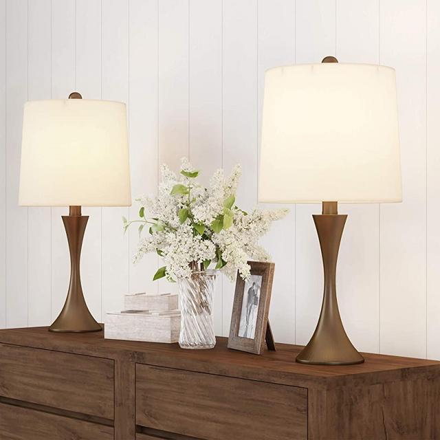 Table Lamps  Set of 2 Mid-Century Modern Metal Flared Trumpet Base with Energy Efficient LED Light Bulbs Included by Lavish Home (Bronze)