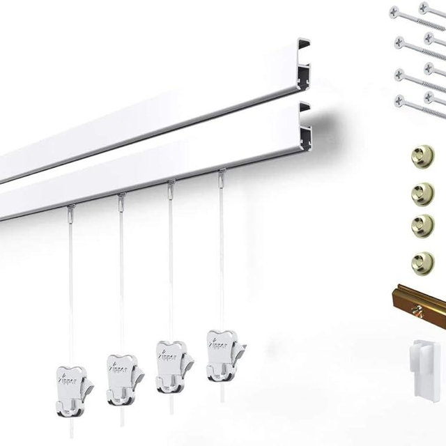 STAS Cliprail Pro Picture Hanging System Set White - Covers 9.84 ft of Wall Space - Heavy Duty Picture Rail & Art Hanging Gallery Kit Without Nails - for Home or Museum (Includes 4 Hooks & Cords)