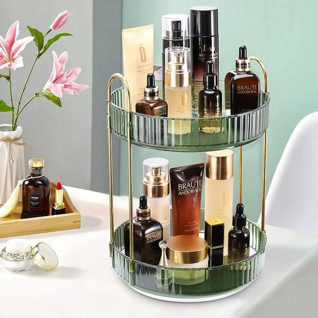 360 Rotating Makeup Organizer for Vanity - Spinning Bathroom Organizer Countertop, Large Storage Cosmetic Display Tray, Make Up Counter Shelf for Perfumes, Skincare Lotions, Lipsticks (2 Tiers, Green)