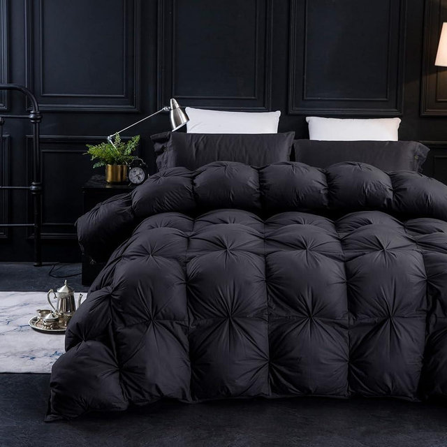 Three Geese Pinch Pleat Goose Feathers Down Comforter Cal King Size Duvet Insert,750+ Fill Power,1200TC 100% Cotton Fabric,Premium Black-Gray Comforter for All Seasons with 8 Tabs