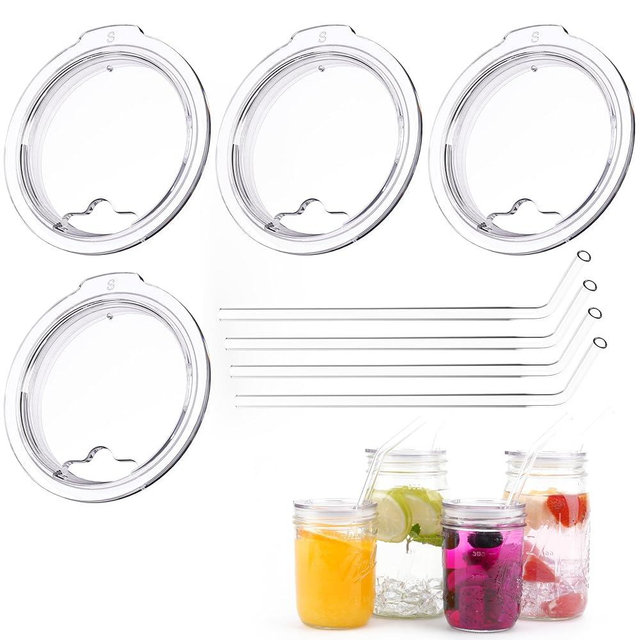 4-Pack Fit 2.9-inch Wide Mouth Jars Lids, Reusable Wide Mouth Mason Jar Lids with Glass Straw Hole, BPA-Free Straw Lids, Compatible with Ball 16oz & 32oz Jar (Jars Not Included)