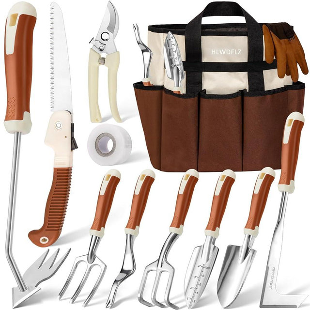HLWDFLZ Garden Tool Set, 12 Pcs Heavy Duty Floral Gardening Tools Kit with Gardening Hand Weeder Tools, Durable Storage Bag and Gloves, Gifts for Women and Men Brown